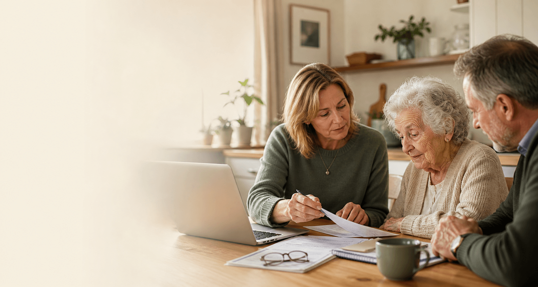 Family reviewing care funding options together at home