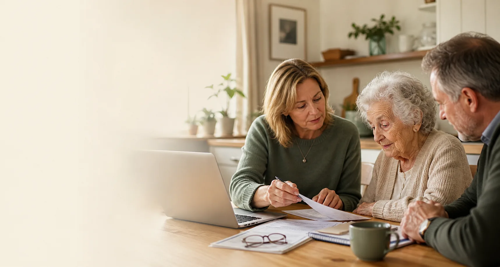 Family reviewing care funding options together