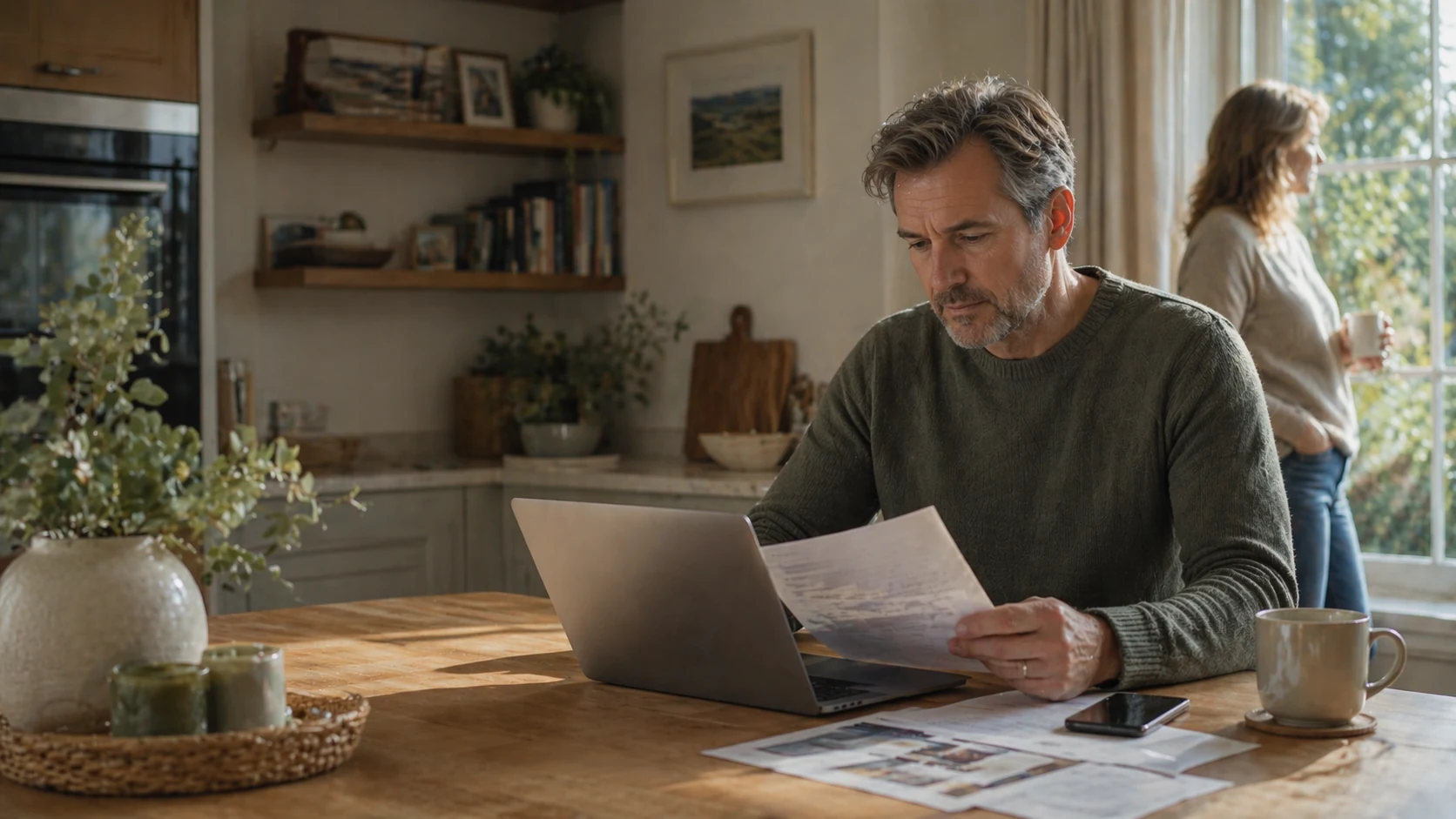 Man reviewing care home information and documents at home